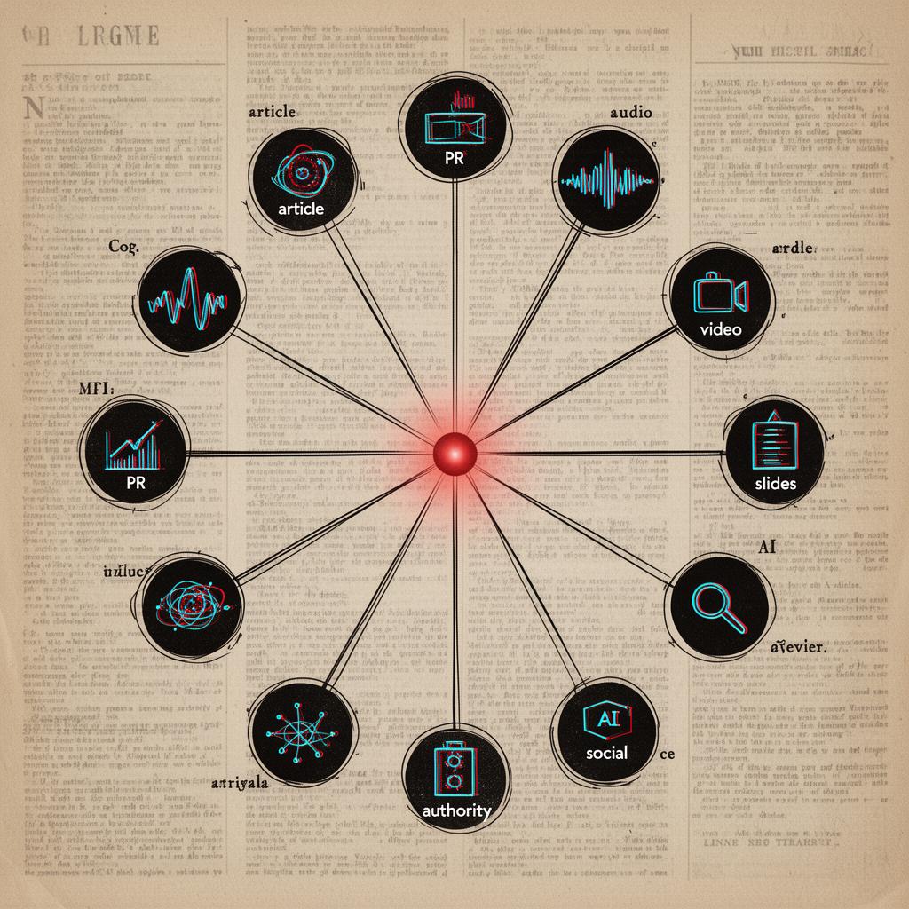A central glowing node connected to article, PR, audio, video, slides, social, search, AI, and authority assets.